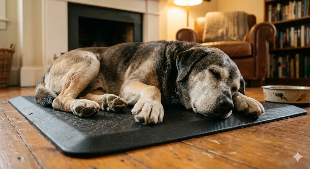 Elderly Labrador resting on thick anti-fatigue rubber mat for dogs