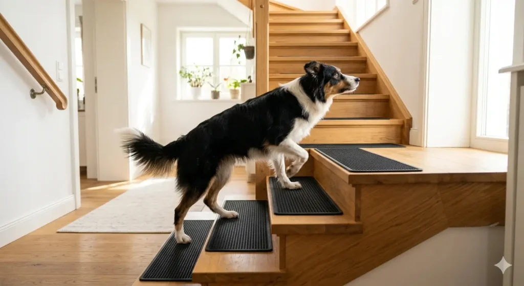 Border collie walking safely on rubber stair treads for dogs