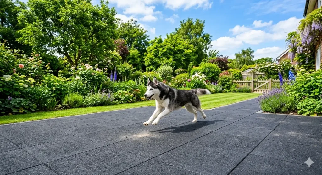 Husky playing on recycled outdoor rubber pavers in pet-friendly backyard
