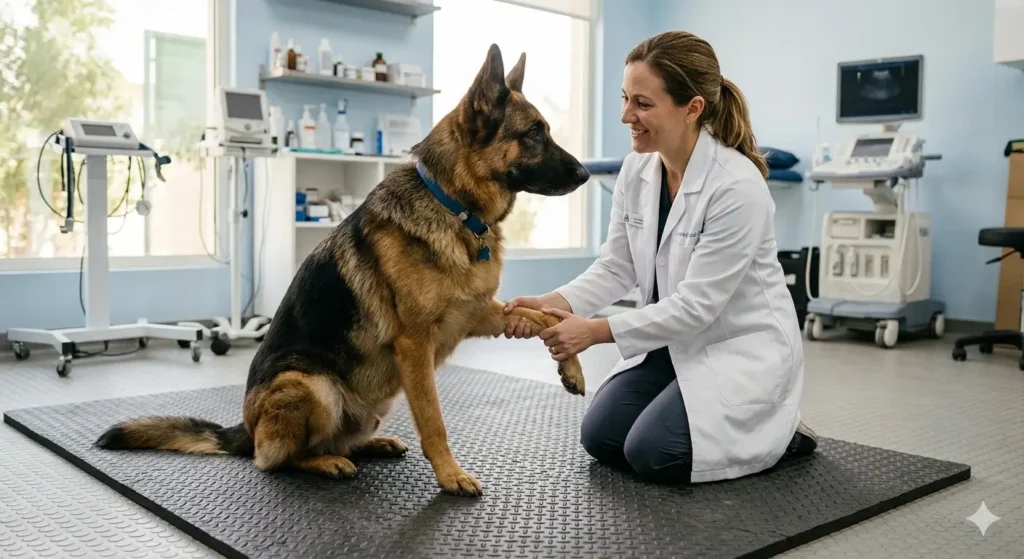 Veterinarian examining German Shepherd on rubber rehabilitation mat