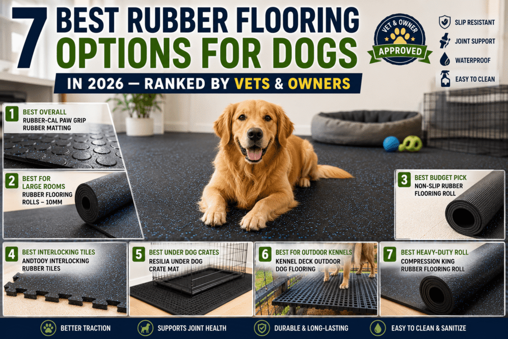 Best rubber flooring options for dogs in modern living room with golden retrieve