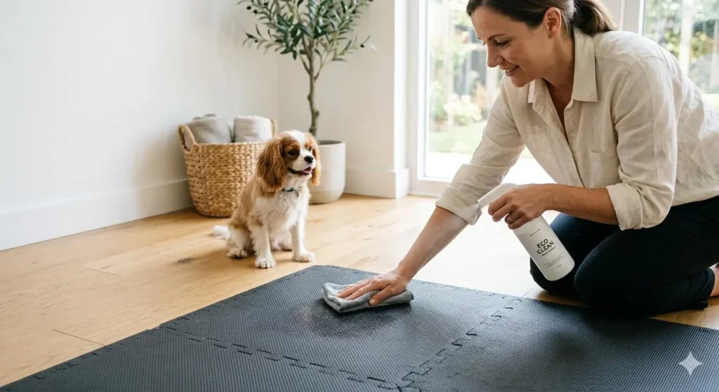 Person cleaning rubber interlocking floor tiles in pet-friendly home