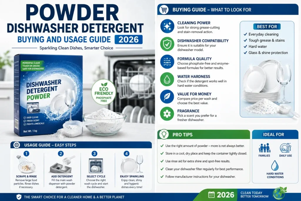 Powder dishwasher detergent being measured into open dishwasher dispenser