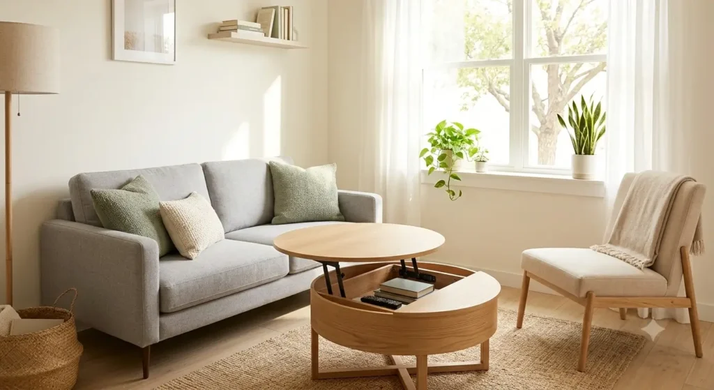 Living room furniture for small spaces with compact sofa, lift-top coffee table and accent chair