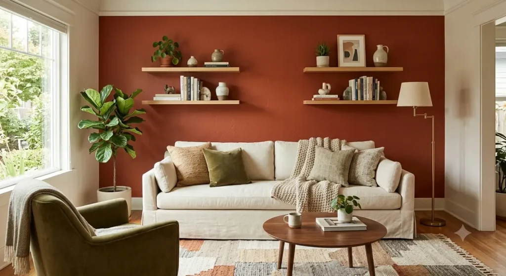room color ideas with terracotta accent wall and cream sofa