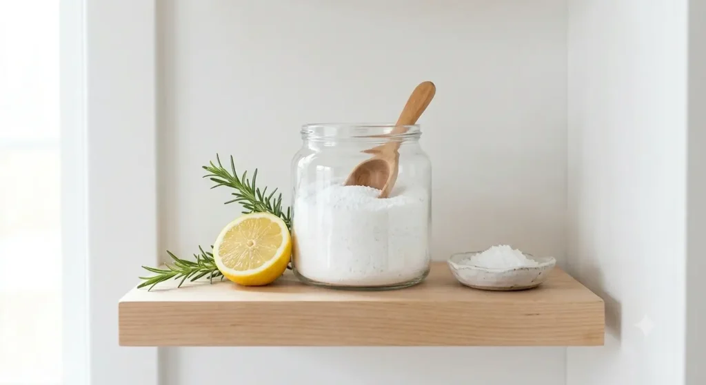  Natural eco-friendly powder dishwasher detergent with mineral ingredients in a glass jar