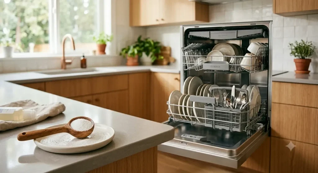 Powder dishwasher detergent being measured into open dishwasher dispenser