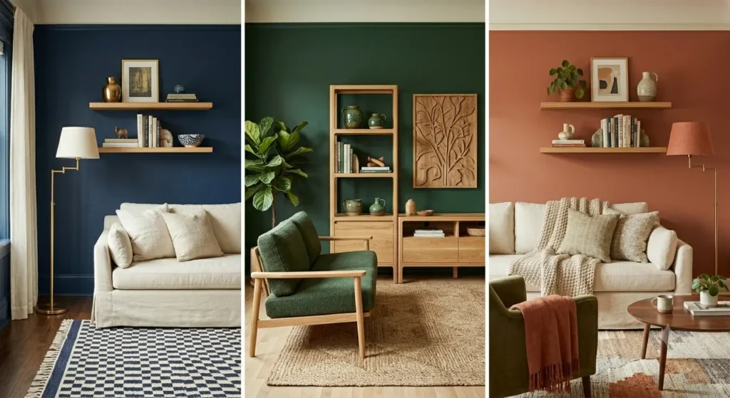Color suggestions for living room featuring navy blue, rich green, and terracotta