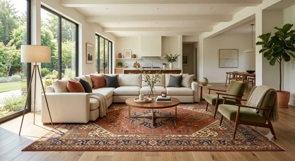 Large modern area rug in a spacious living room