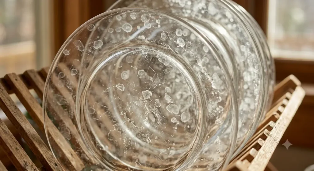 Hard water spots on glass dishes caused by mineral deposits in dishwasher