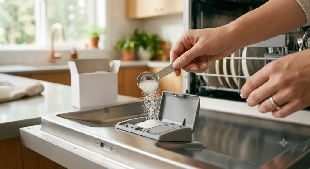 Pouring powder dishwasher detergent into the dispenser cup correctly