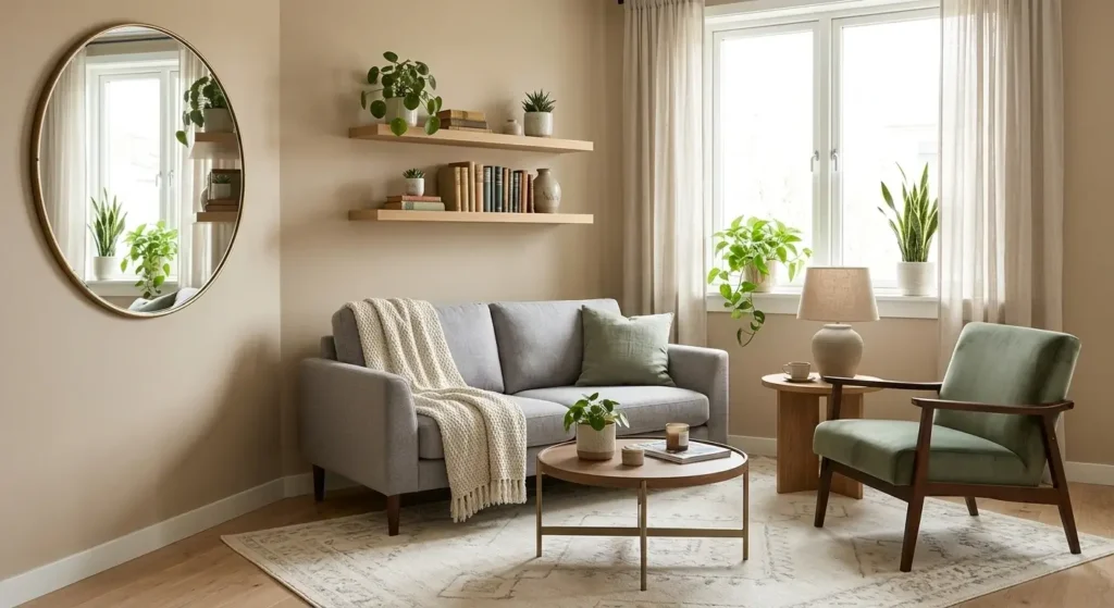 Small living room decor ideas using neutral color palette with layered textures and large mirror