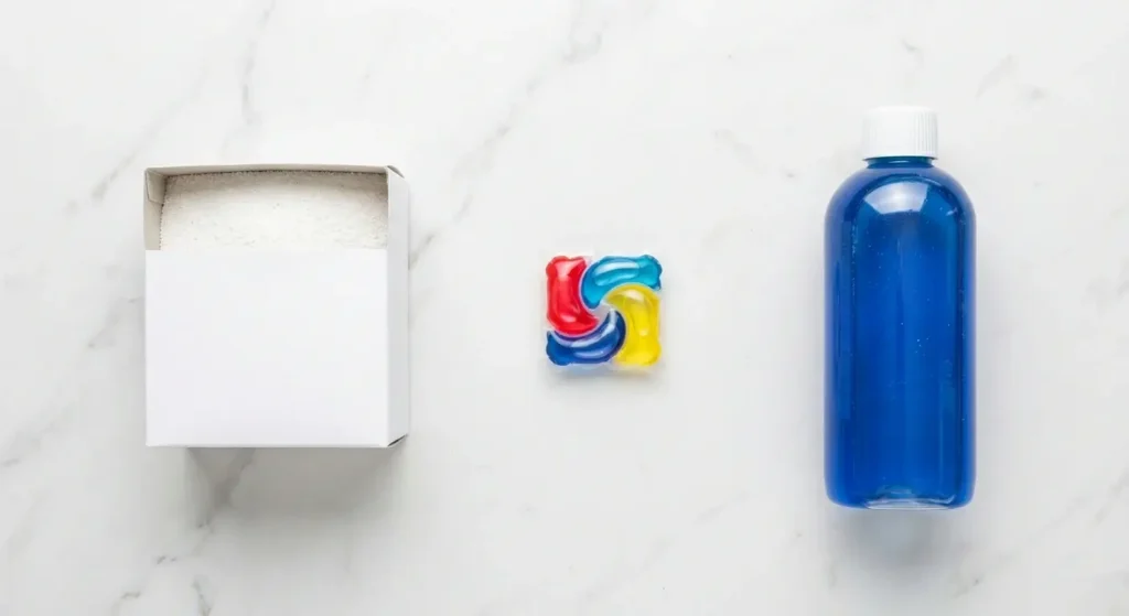 Powder dishwasher detergent versus pods versus gel comparison on white counter
