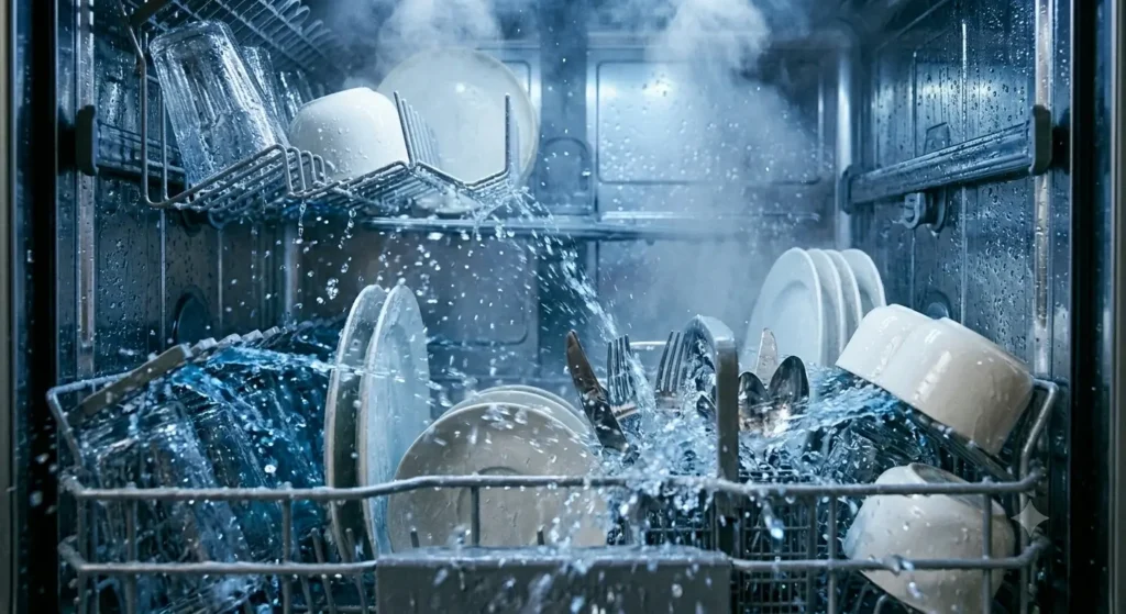 Inside a dishwasher mid-cycle showing water jets dissolving powder detergent