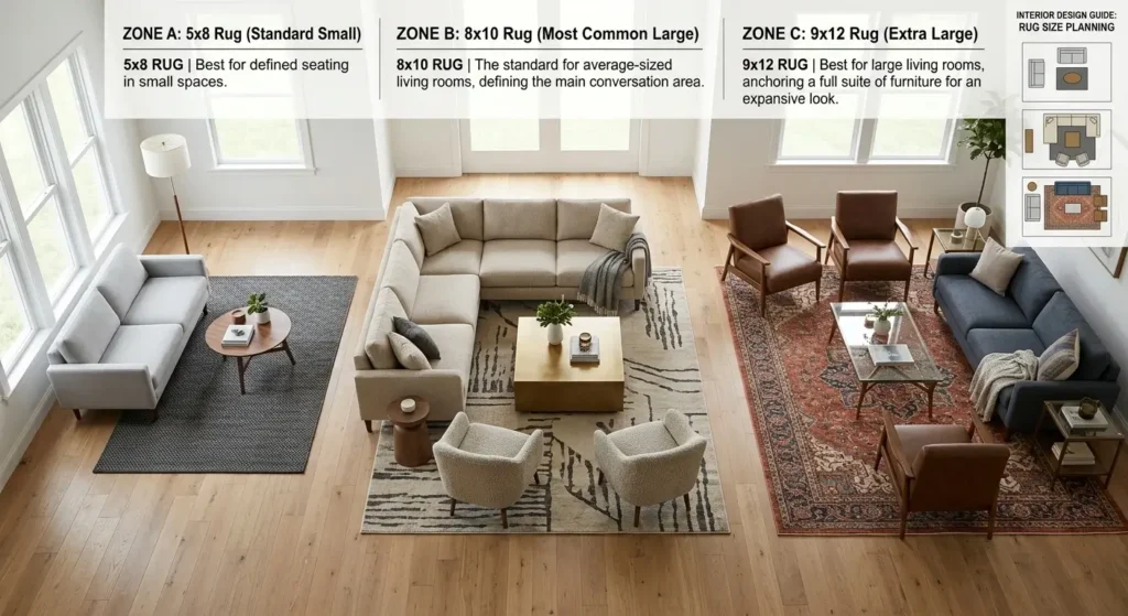 Area rug size guide for living rooms and bedrooms