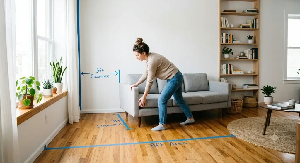Tips for arranging furniture for small living room with proper clearance and vertical storage