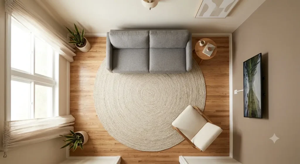 Small living room furniture layout with sofa floated from wall and accent chair angled toward focal point