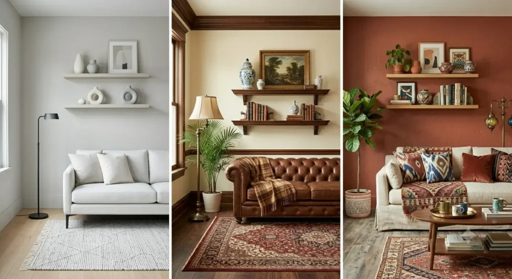 Living room paint design variations for modern, traditional, and eclectic styles