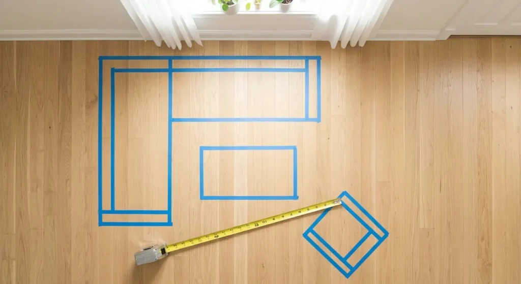 Small living room space planning with tape measure showing furniture layout on floor