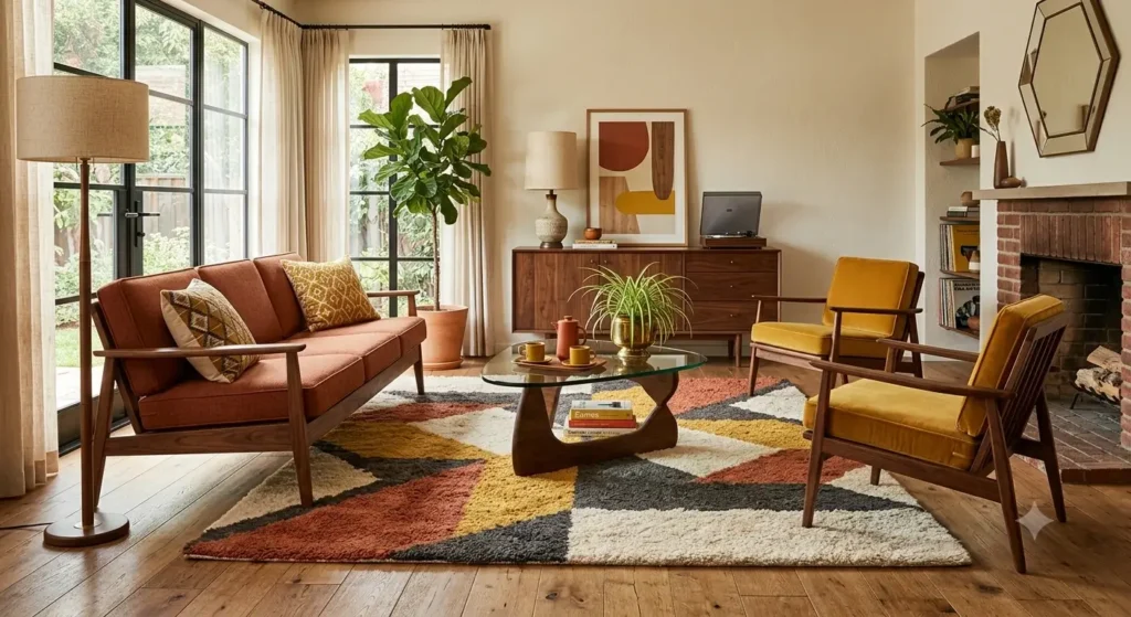 Mid century modern area rug with geometric patterns