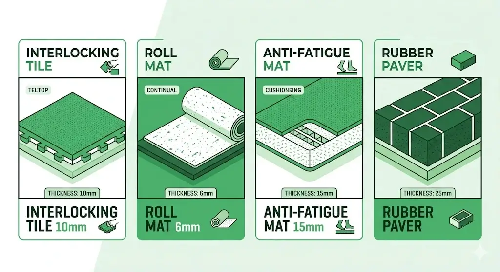 Infographic comparing 4 types of rubber flooring options for dogs with thickness guide