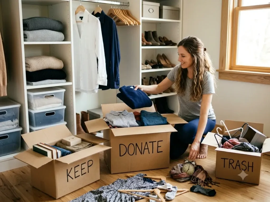 Organized keep, donate, and trash boxes during a home declutter