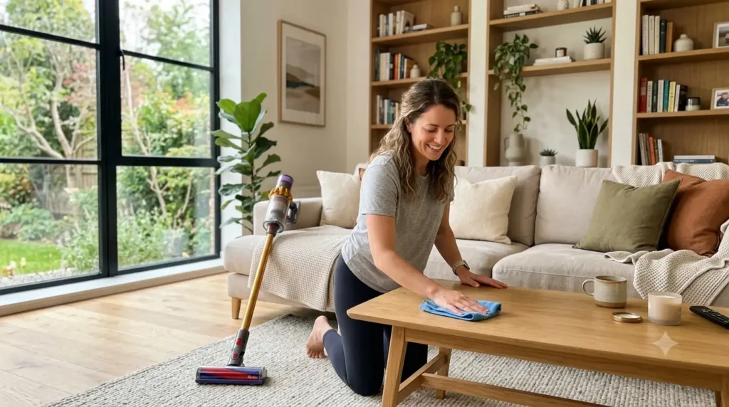 Woman cleaning a living room coffee table with a microfiber cloth