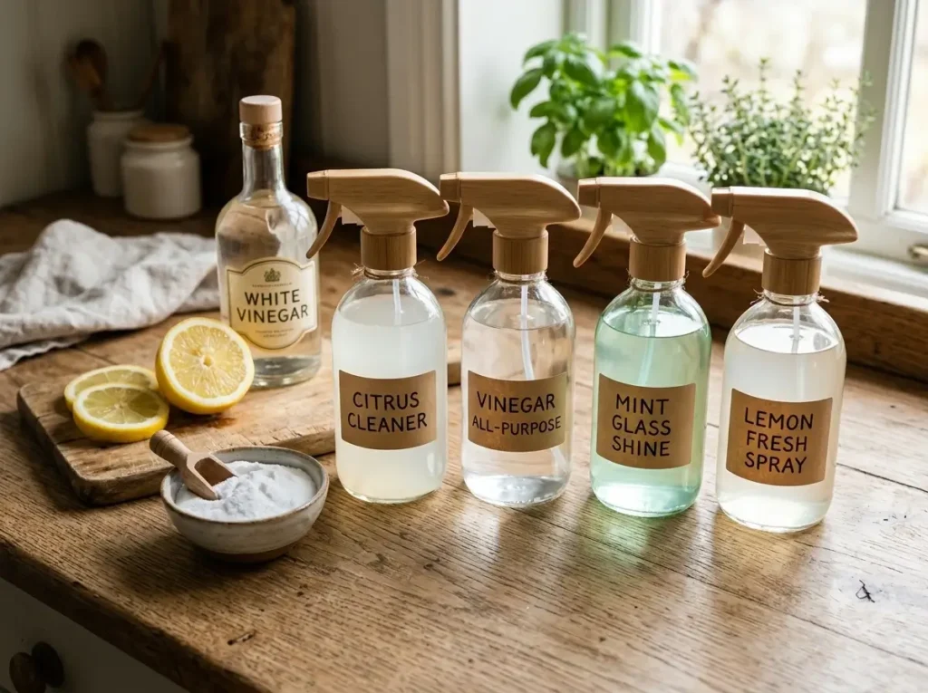 Homemade vinegar and baking soda cleaning solution in glass bottles