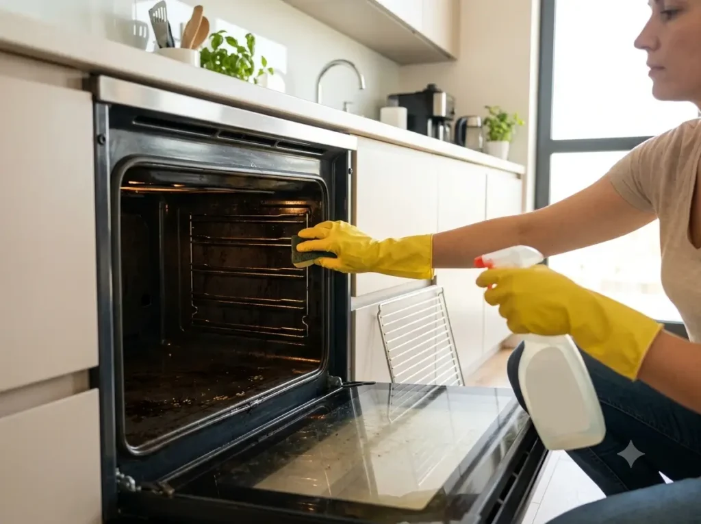 Person deep cleaning inside a kitchen oven with gloves and spray cleaner