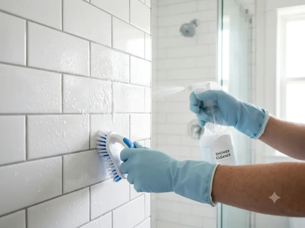 Cleaning a bathroom shower tile with spray cleaner and scrub brush
