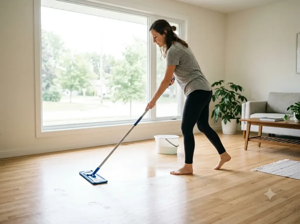 Mopping a hardwood floor with a microfiber flat mop